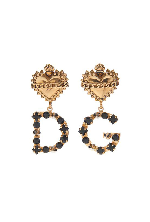 metallic heart earrings with logo