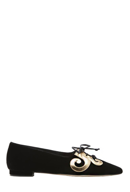 black velvet and gold nappa leather lace-up flats