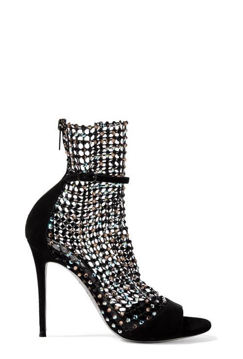 crystal-embellished mesh and suede sandals